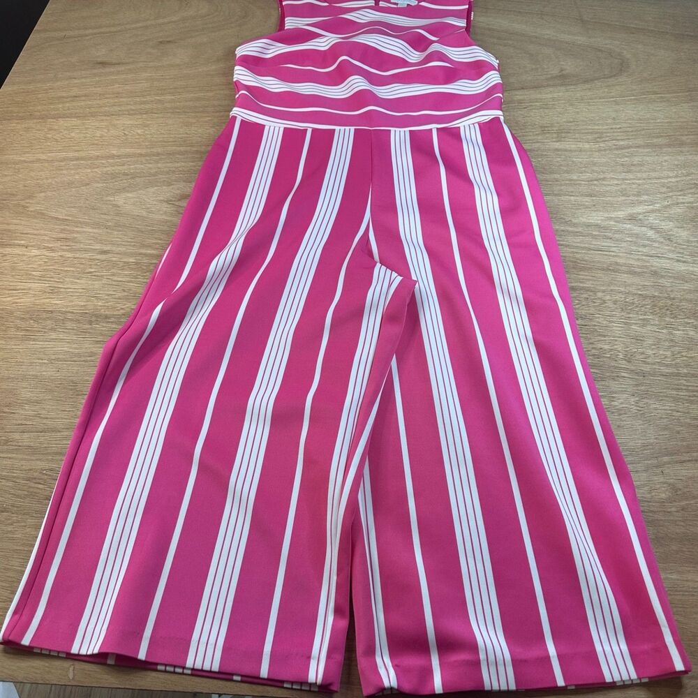 New York & Company Petite Striped Jumpsuit Pink White Wide Leg L